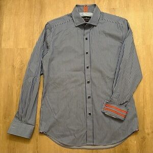 Robert Graham Men's Blue Striped Shirt with Cuff Design Medium